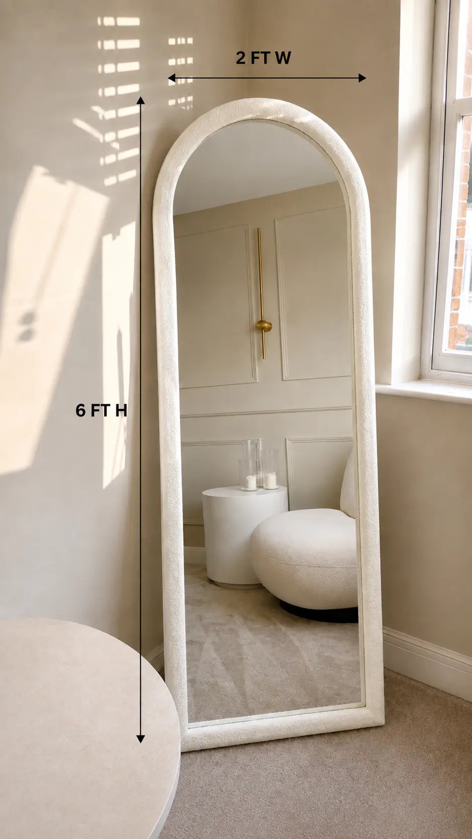 6 Ft Boucle Fabric Arched Full Length Mirror with Back Stand – 2 Ft Wide
