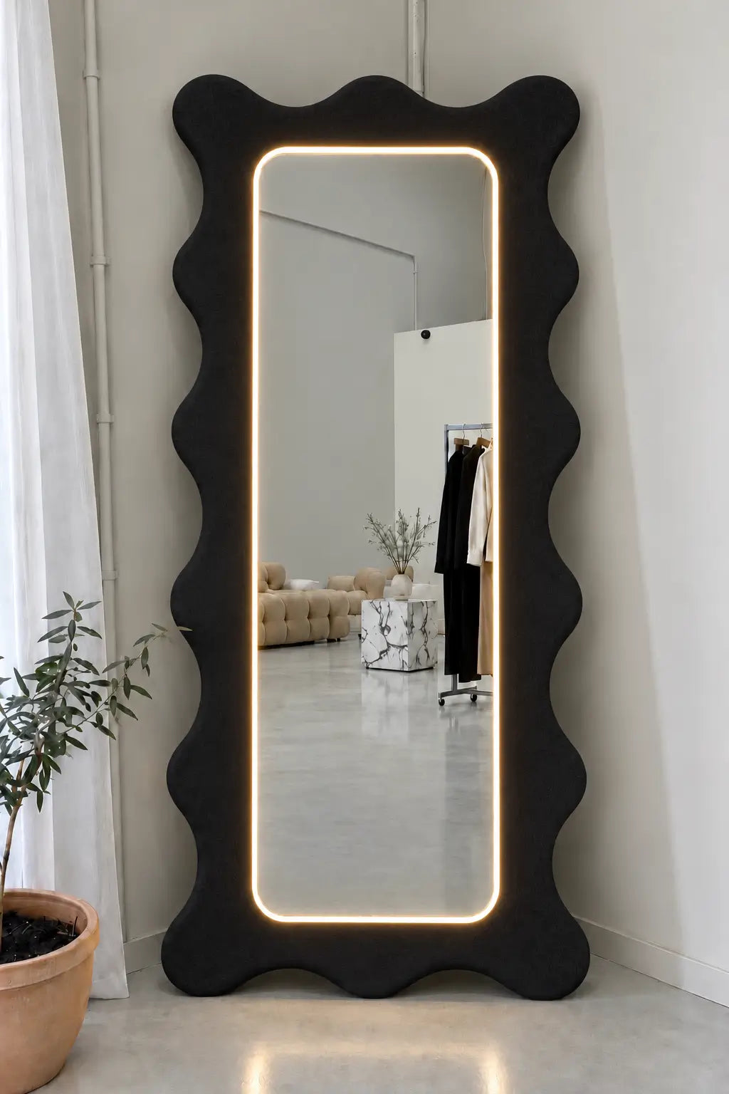 Wavy Boucle Fabric Full Length Mirror with Neon Light – 6 Ft Standing Floor Mirror with Back Stand