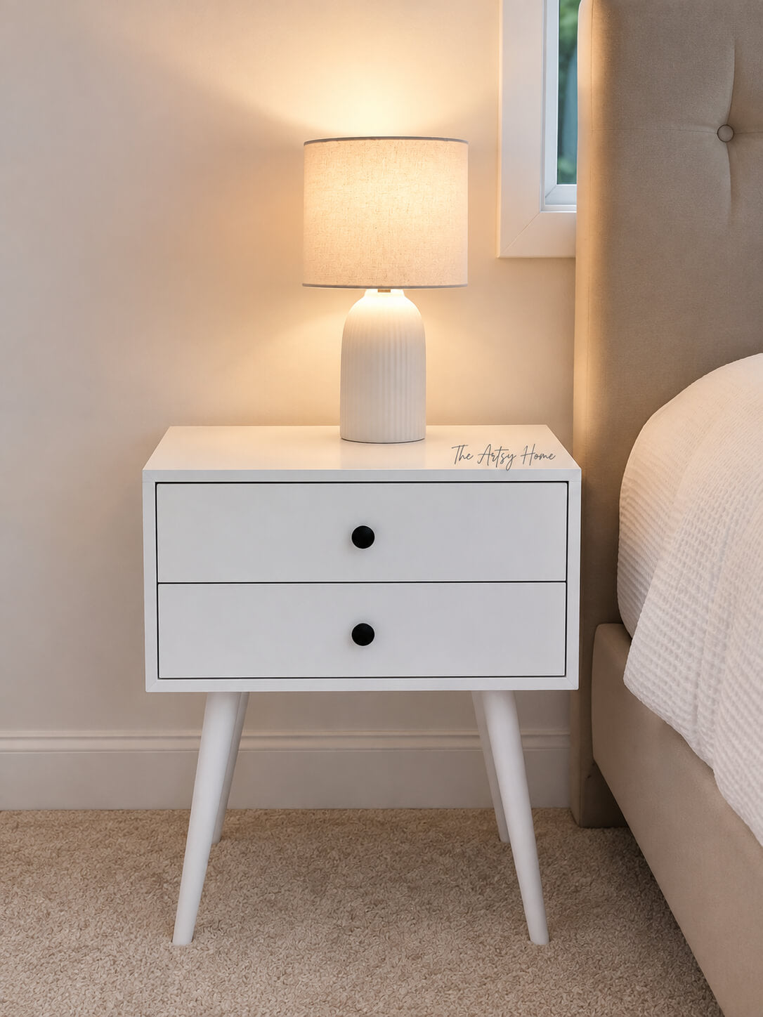 Modern white wooden bedside table with 2 drawers