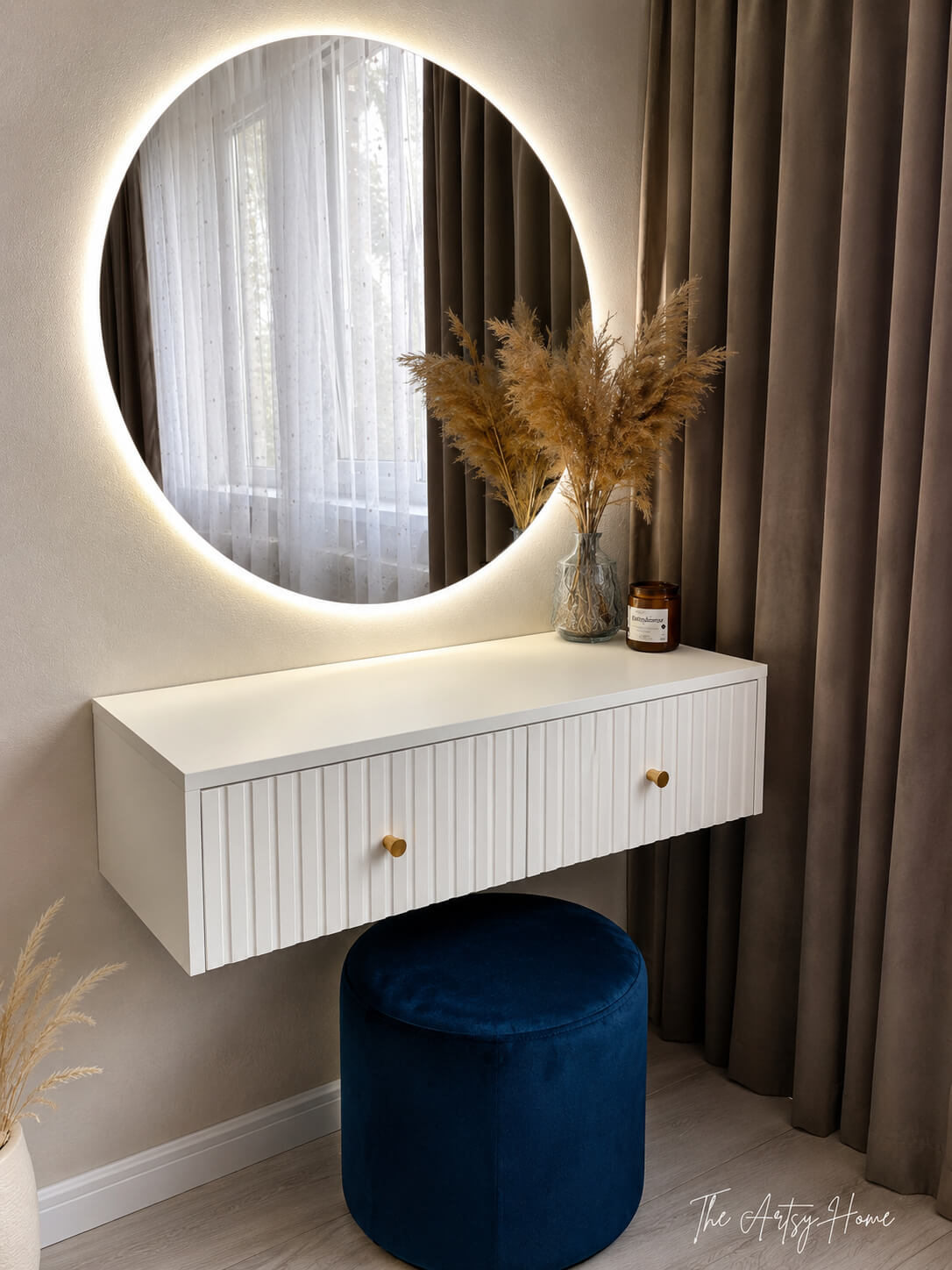 Wall-mounted floating vanity table with round LED mirror