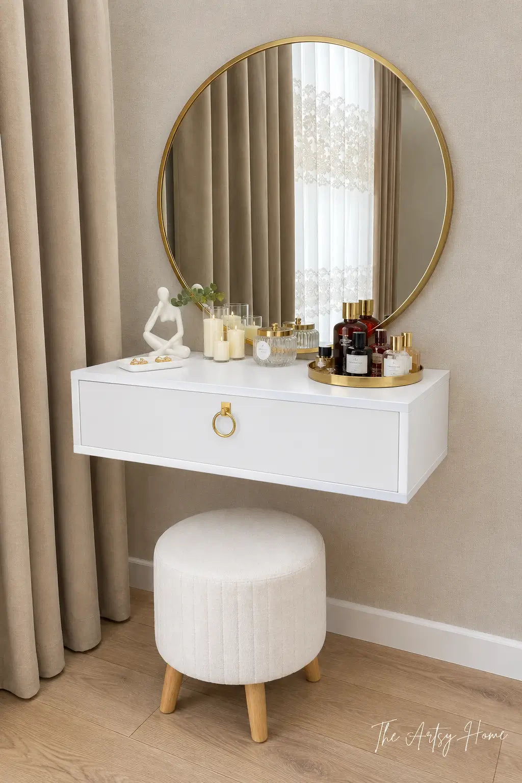 Wall Mounted Dressing Table with 30” Round Mirror – Modern Floating Vanity Table