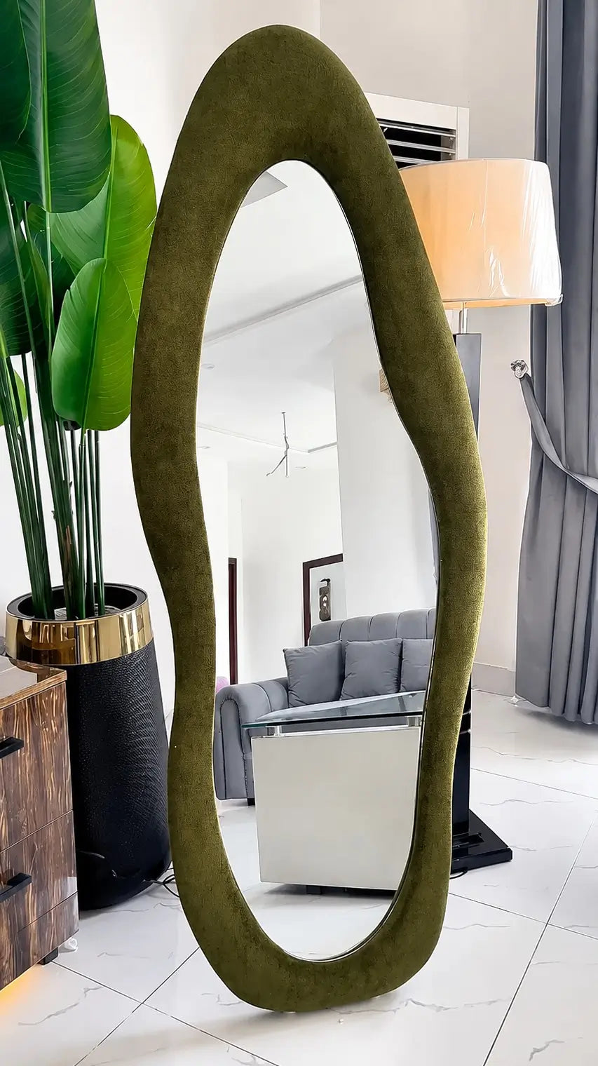 Luxury pebble-shape full-length standing mirror, 6 x 2.3 ft