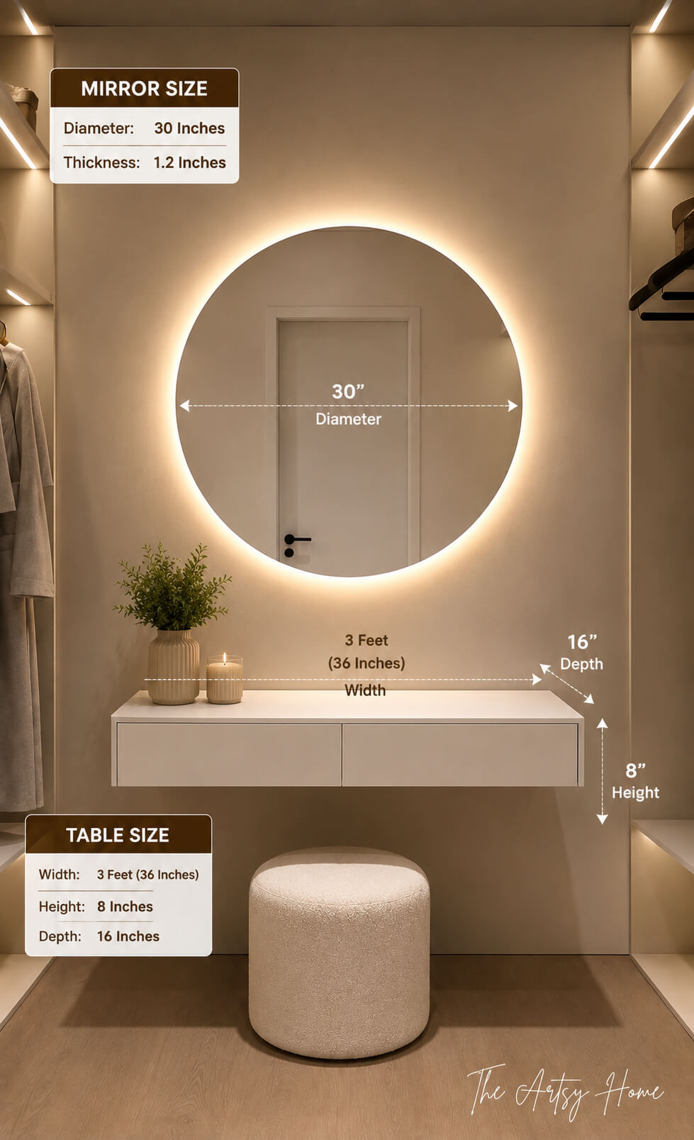 Modern Floating Dressing Table with LED Round Mirror | Wall Mounted Vanity Set | Factory Price in Pakistan | The Artsy Home