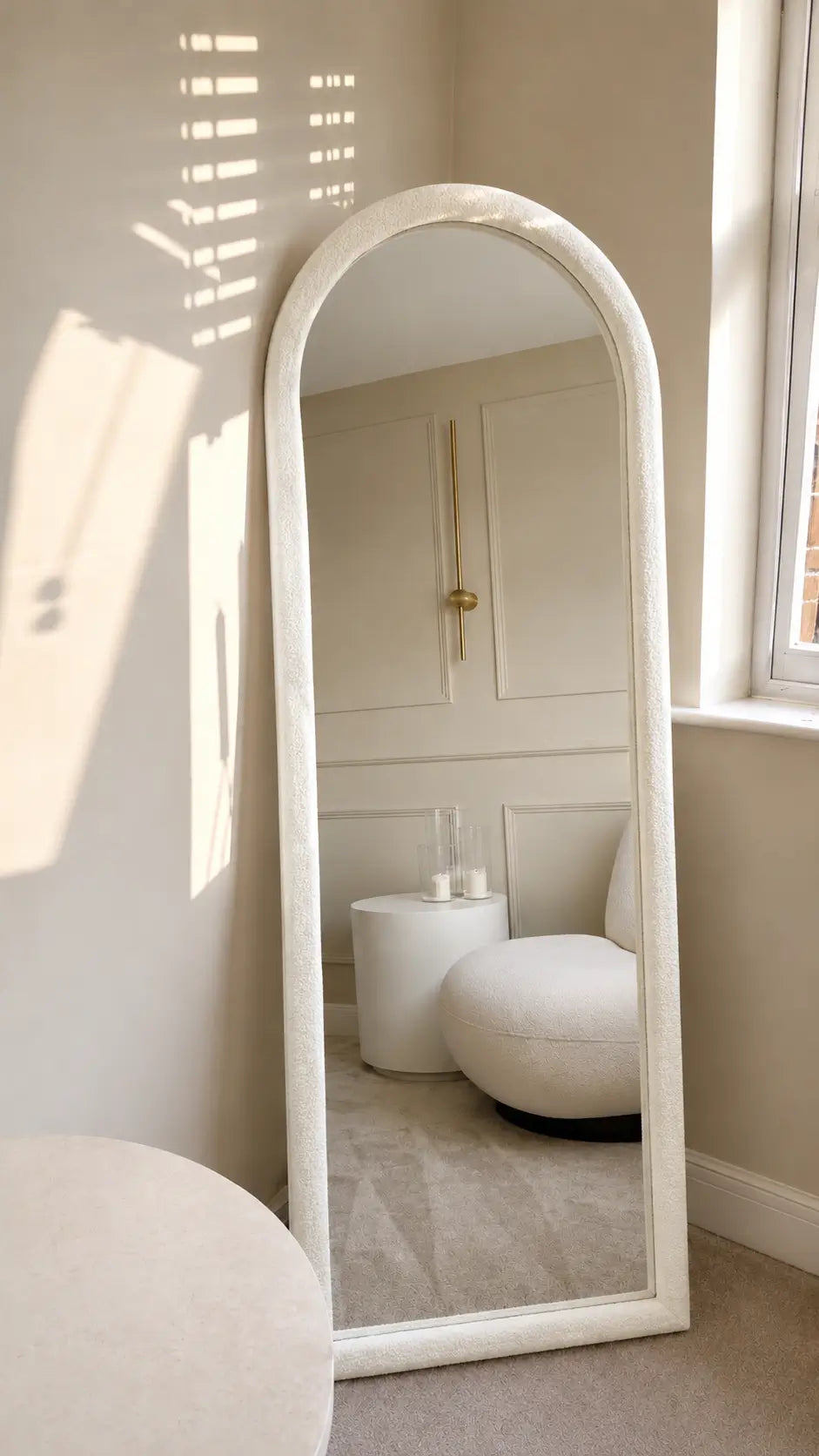 6 Ft Boucle Fabric Arched Full Length Mirror with Back Stand – 2 Ft Wide