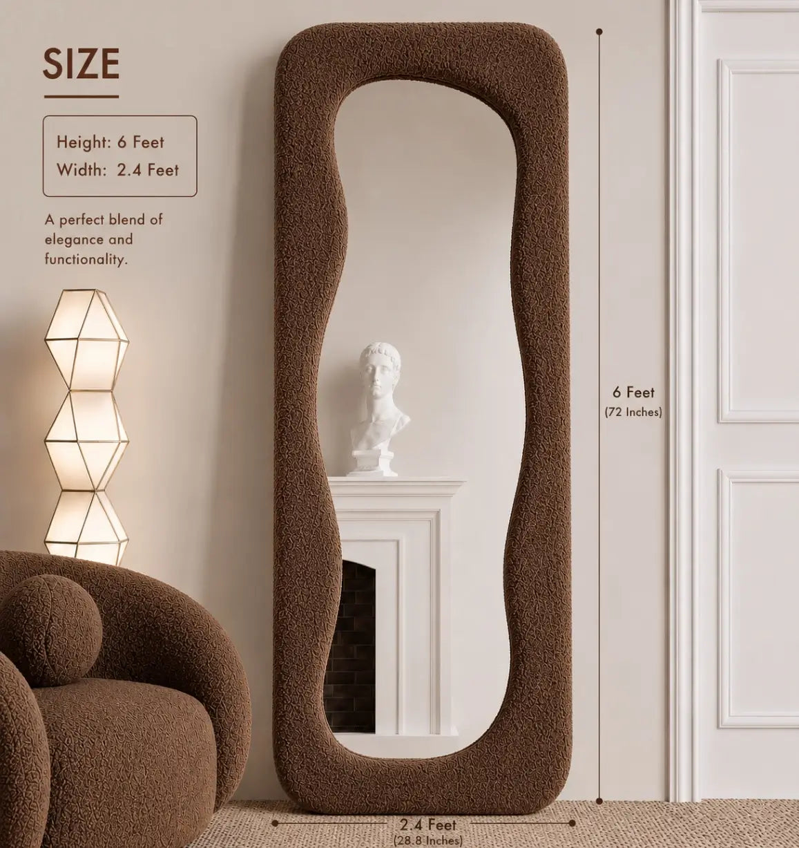 6×2.4 Feet Bouclé Standing Mirror – Full Length Floor Mirror with Solid Wood Structure & Crystal Clear Reflection | The Artsy Home