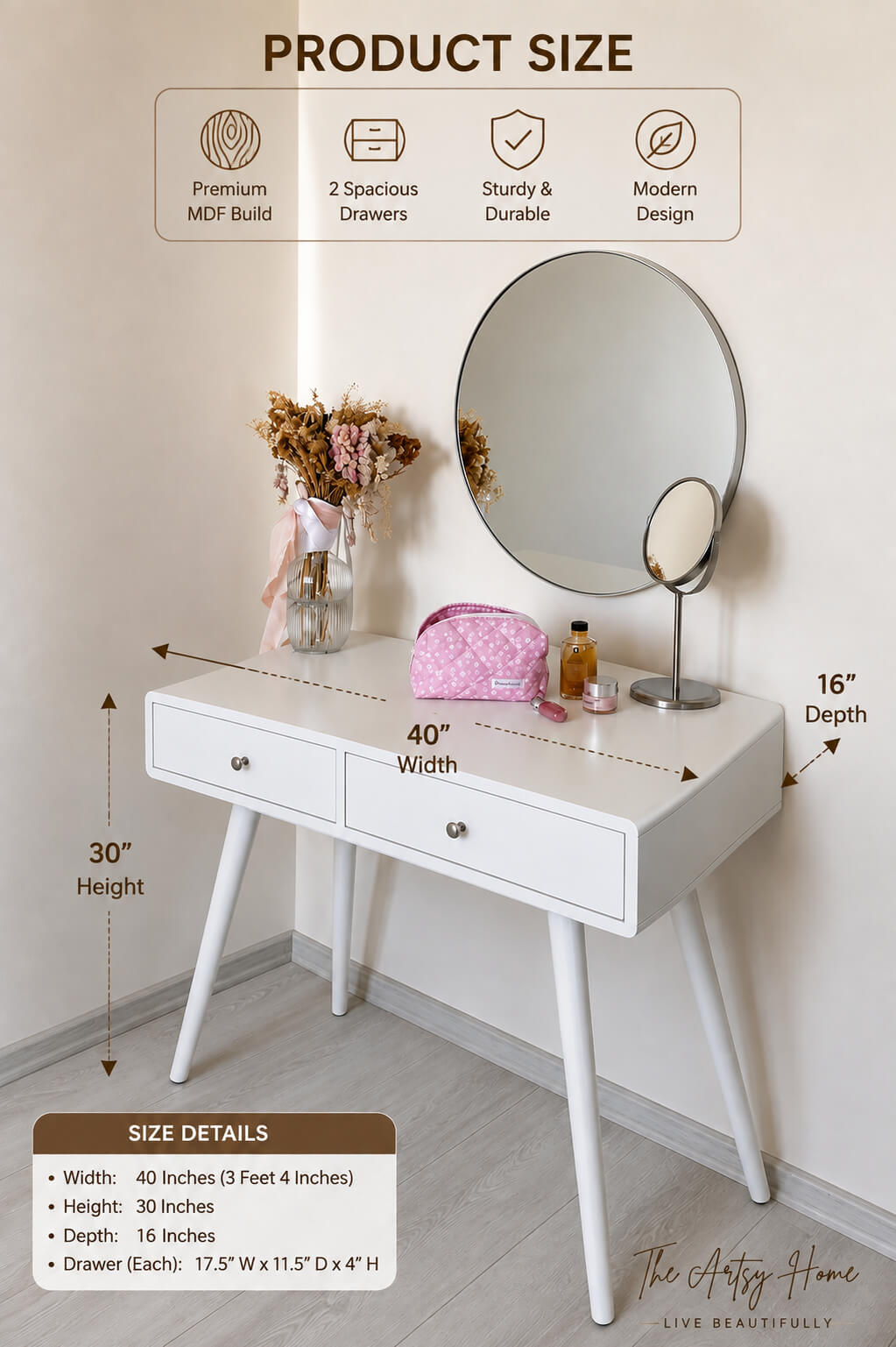 Modern White Dressing Table with 2 Drawers – 40” Vanity Makeup Table | The Artsy Home Pakistan