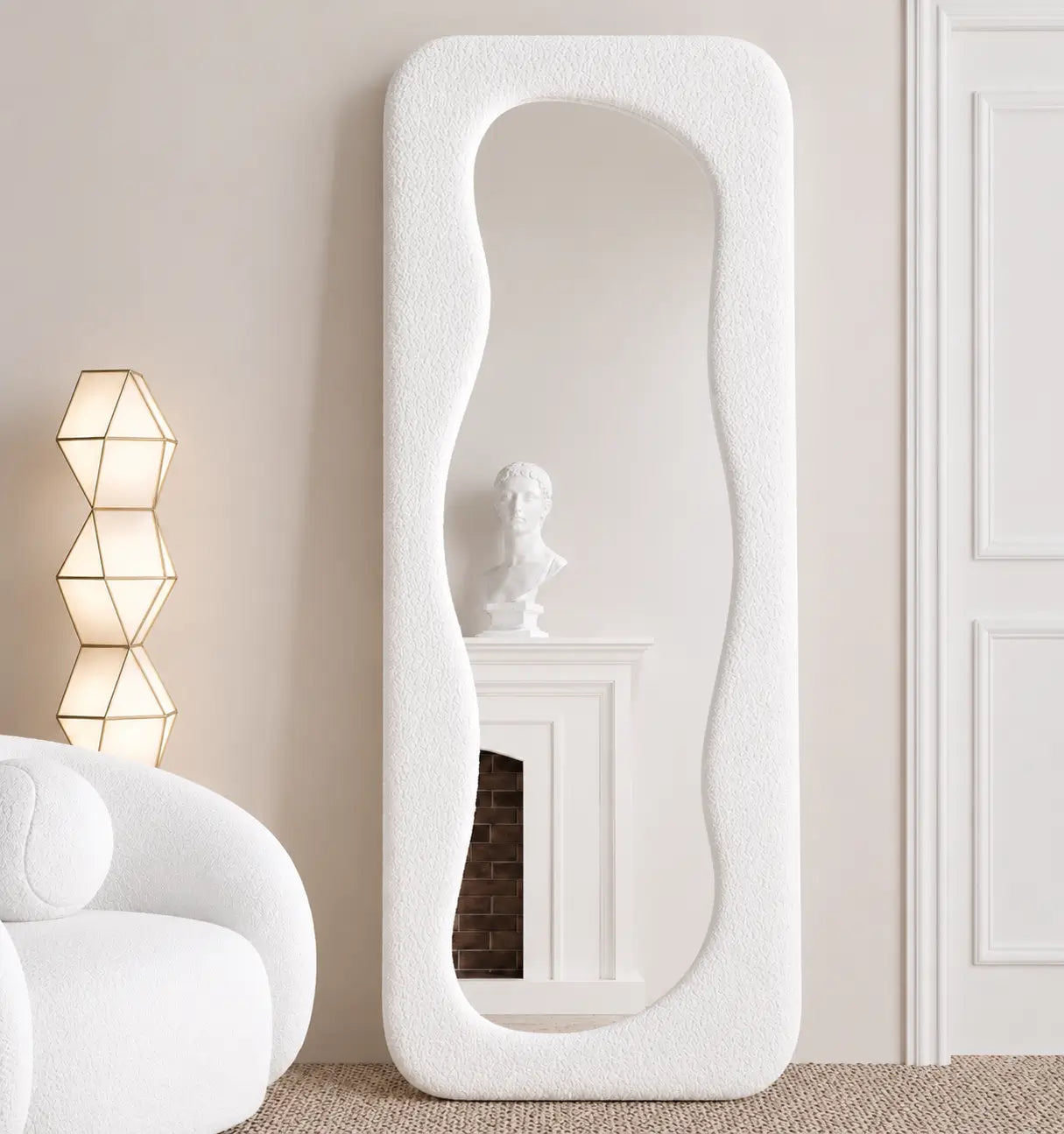 Bouclé-frame full-length standing mirror with solid wood structure, 6 x 2.4 ft