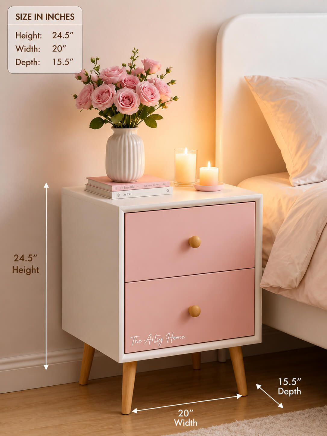 Modern Pink Bedside Table with 2 Drawers | Wooden Nightstand | Factory Price in Pakistan | The Artsy Home