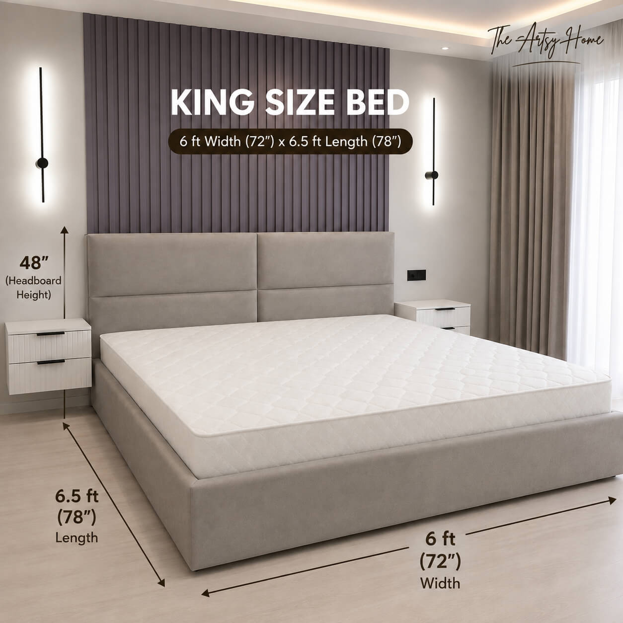 Luxury King Size Bed 6×6.5 Feet – Premium Imported Velvet Upholstered Bed | Solid Structure | 10-Year Warranty | The Artsy Home