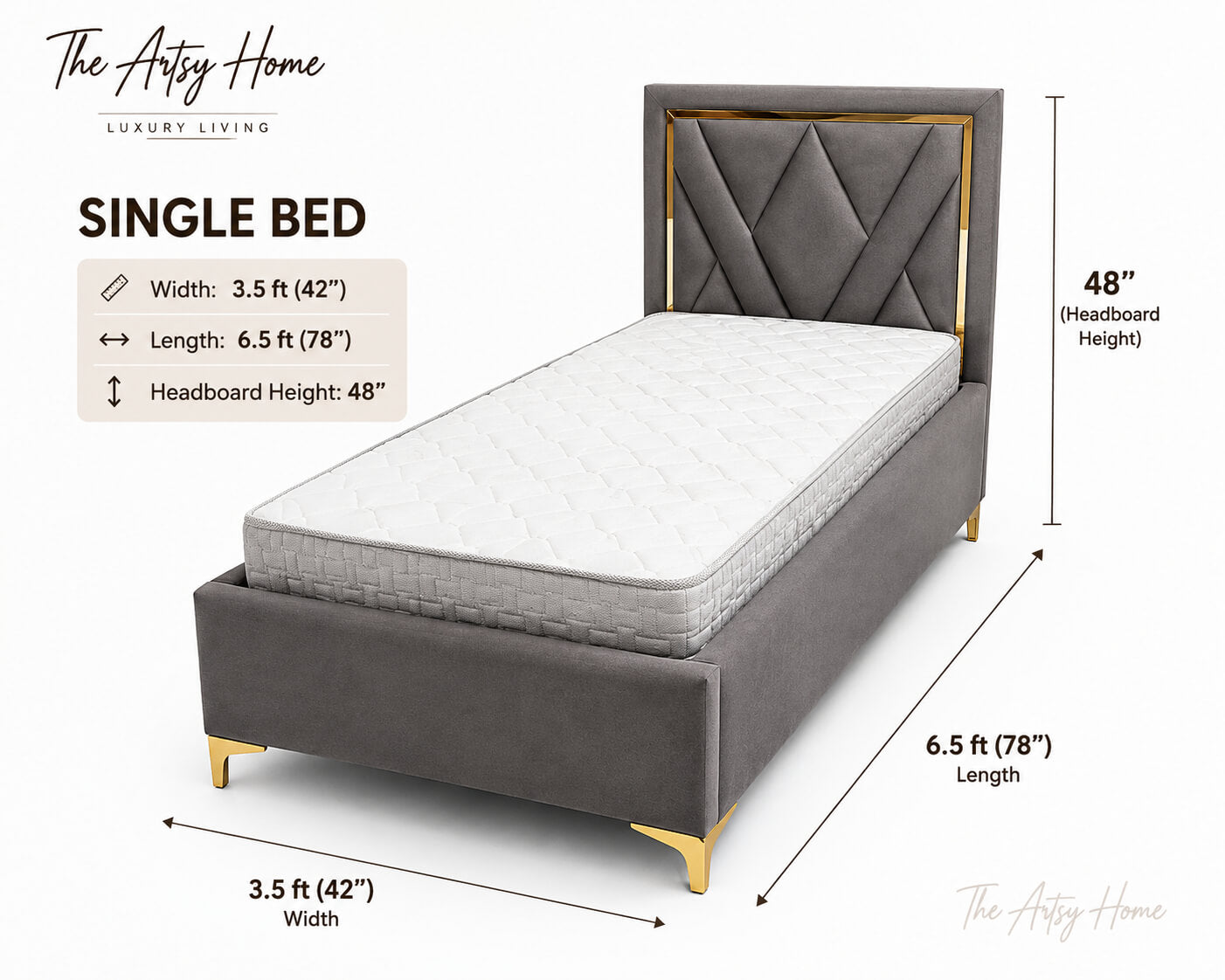 Single Bed – Smoke Grey Geometric Upholstered Bed with Gold Accents