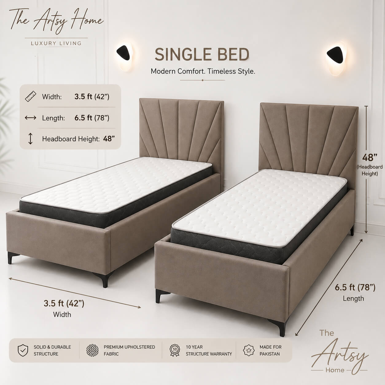 Modern Panel Upholstered Single Bed – Premium Fabric Bed