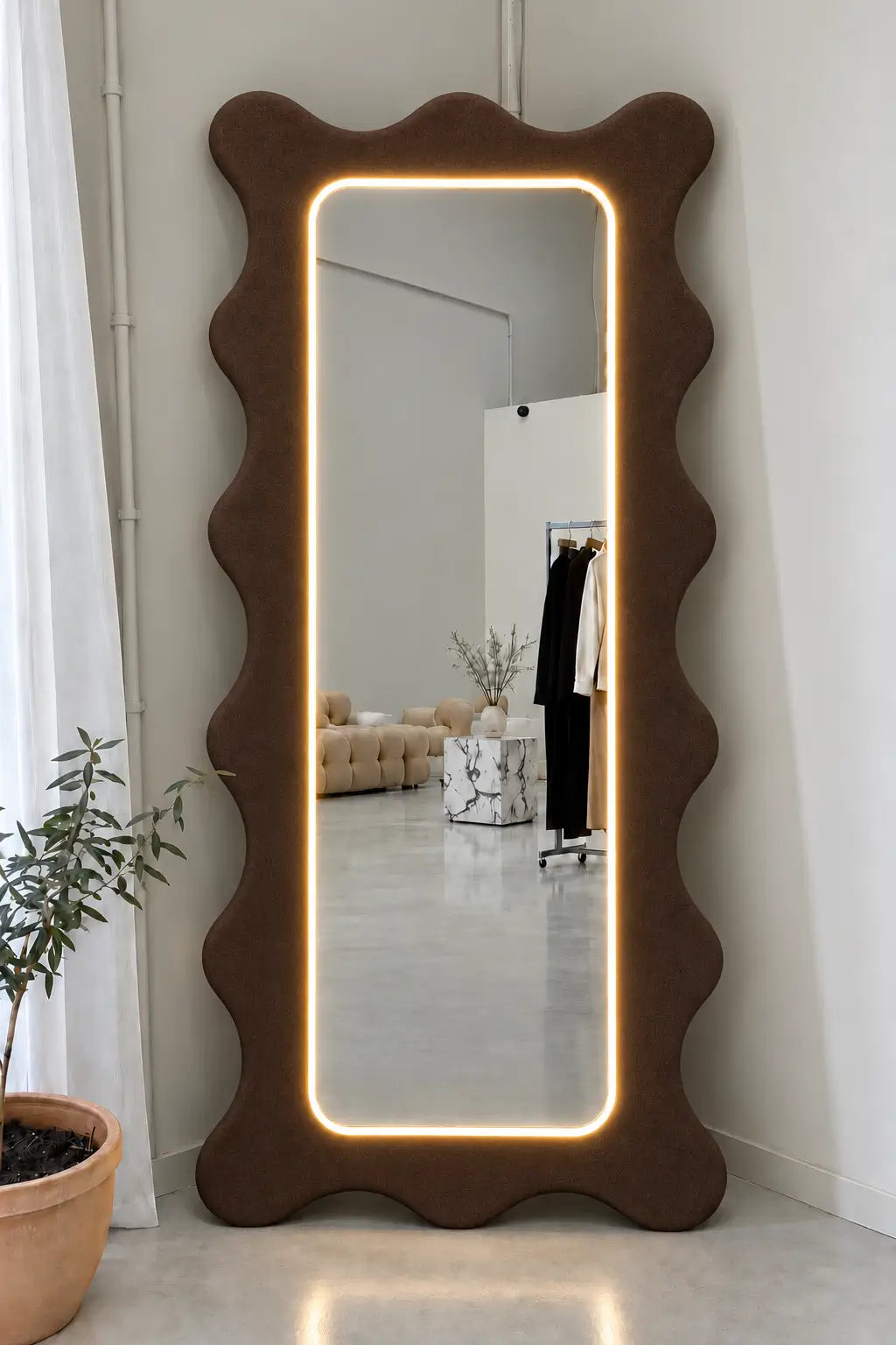 Wavy Boucle Fabric Full Length Mirror with Neon Light – 6 Ft Standing Floor Mirror with Back Stand