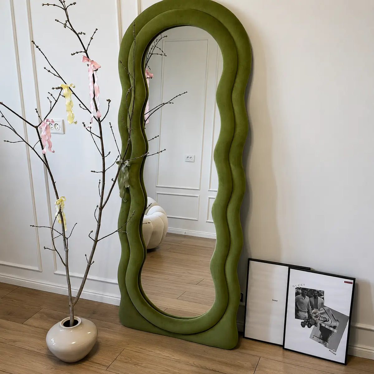 Wavy Full-Length Bouclé Fabric Mirror (6 × 2.4 ft) – Luxury Frame with Wooden Stand