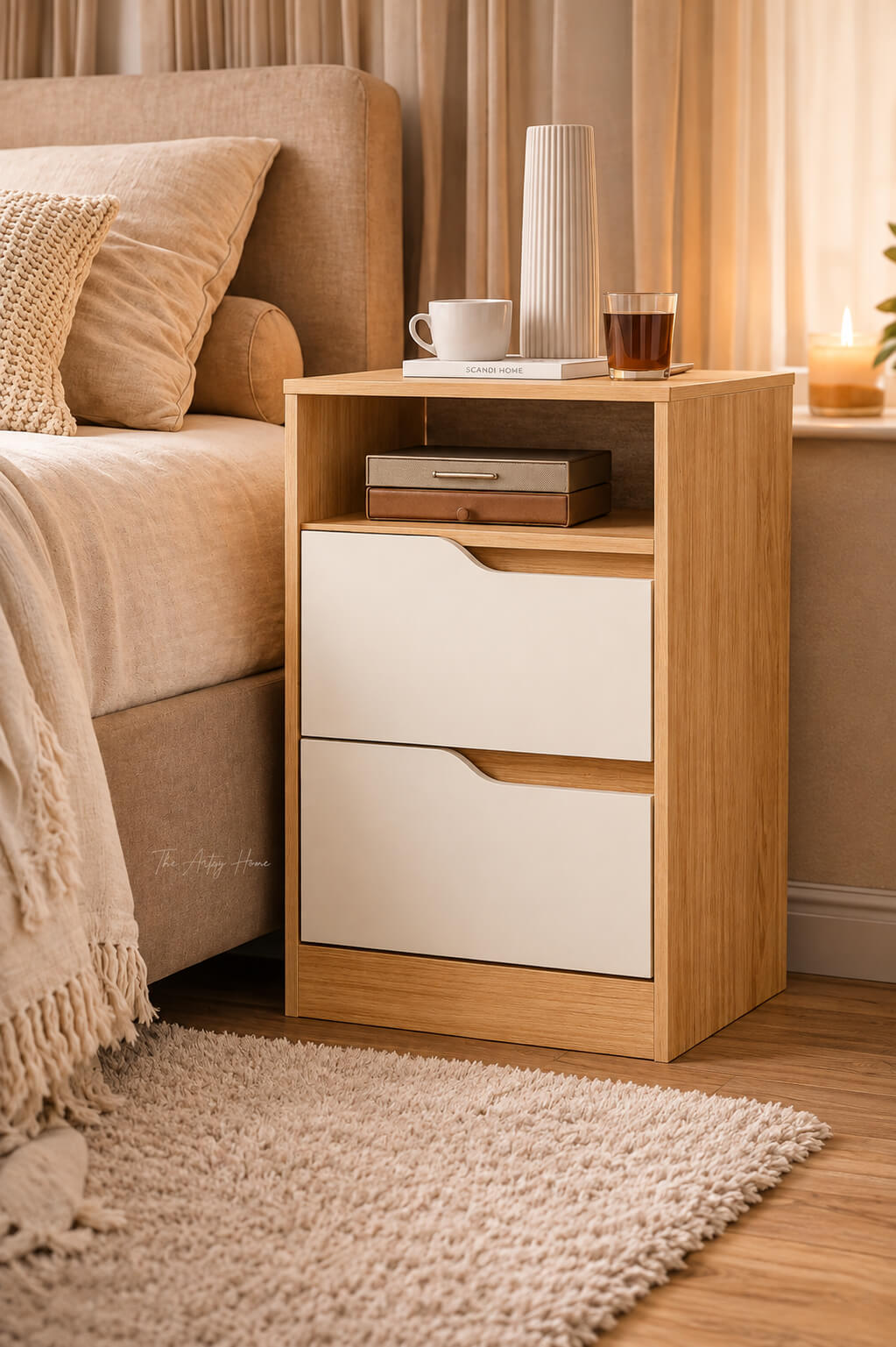 Modern Wooden Bedside Table with 2 Drawers & Open Shelf | Nightstand | Factory Price in Pakistan | The Artsy Home