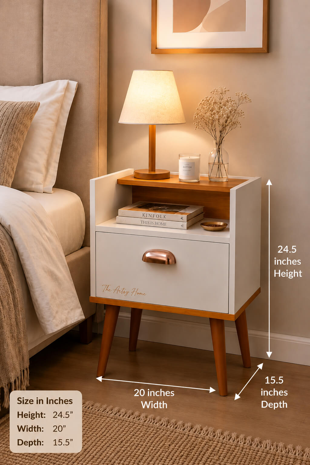 Modern Bedside Table with Drawer & Open Shelf | 20” Wooden Nightstand | Factory Price in Pakistan | The Artsy Home