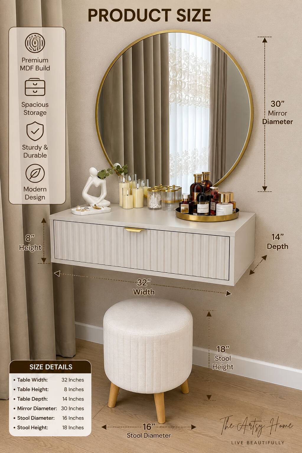 Wall Mounted Dressing Table with 30” Round Mirror – Modern Floating Vanity Table | The Artsy Home Pakistan