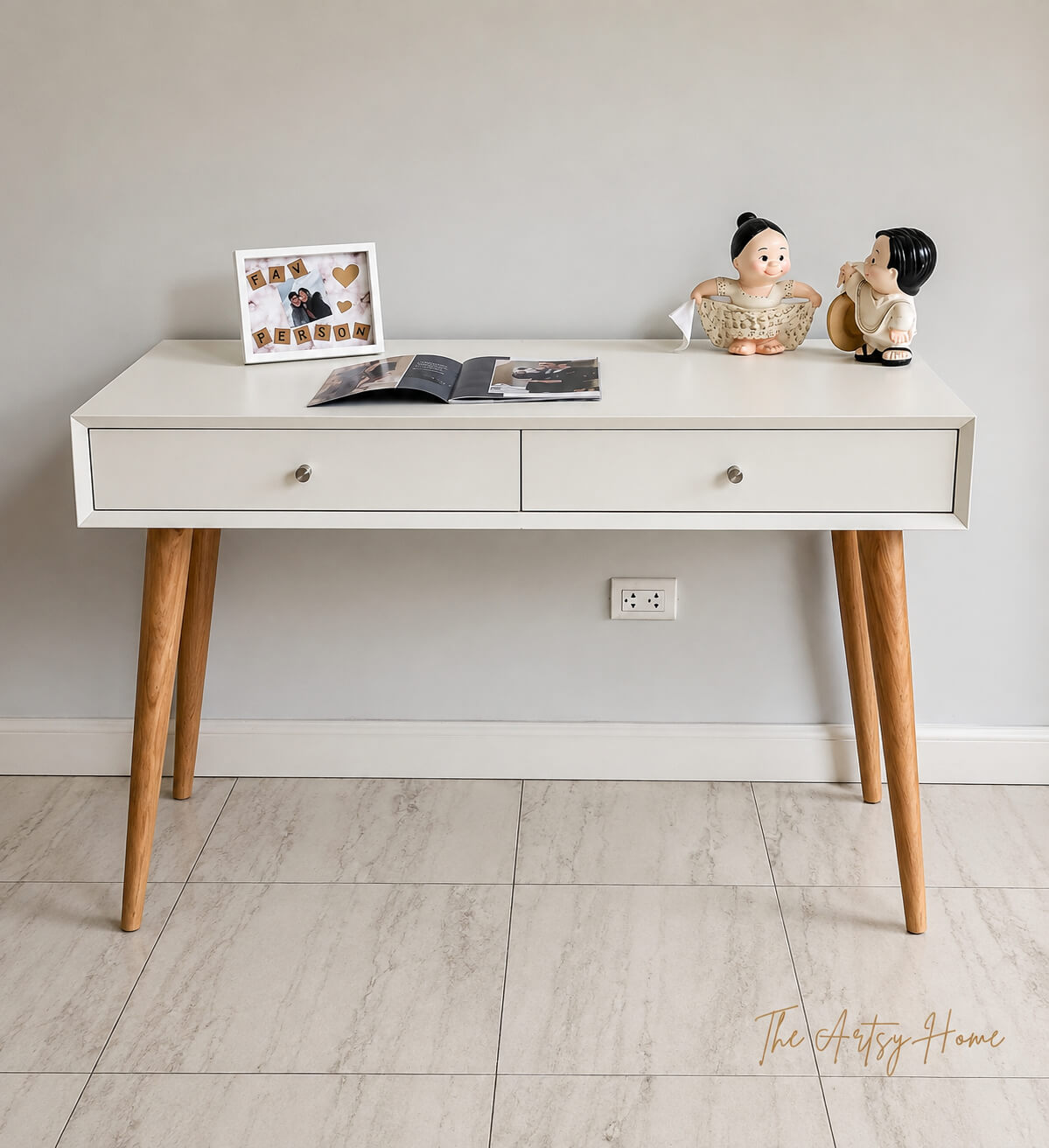 Modern white Scandinavian-style study desk with 2 drawers