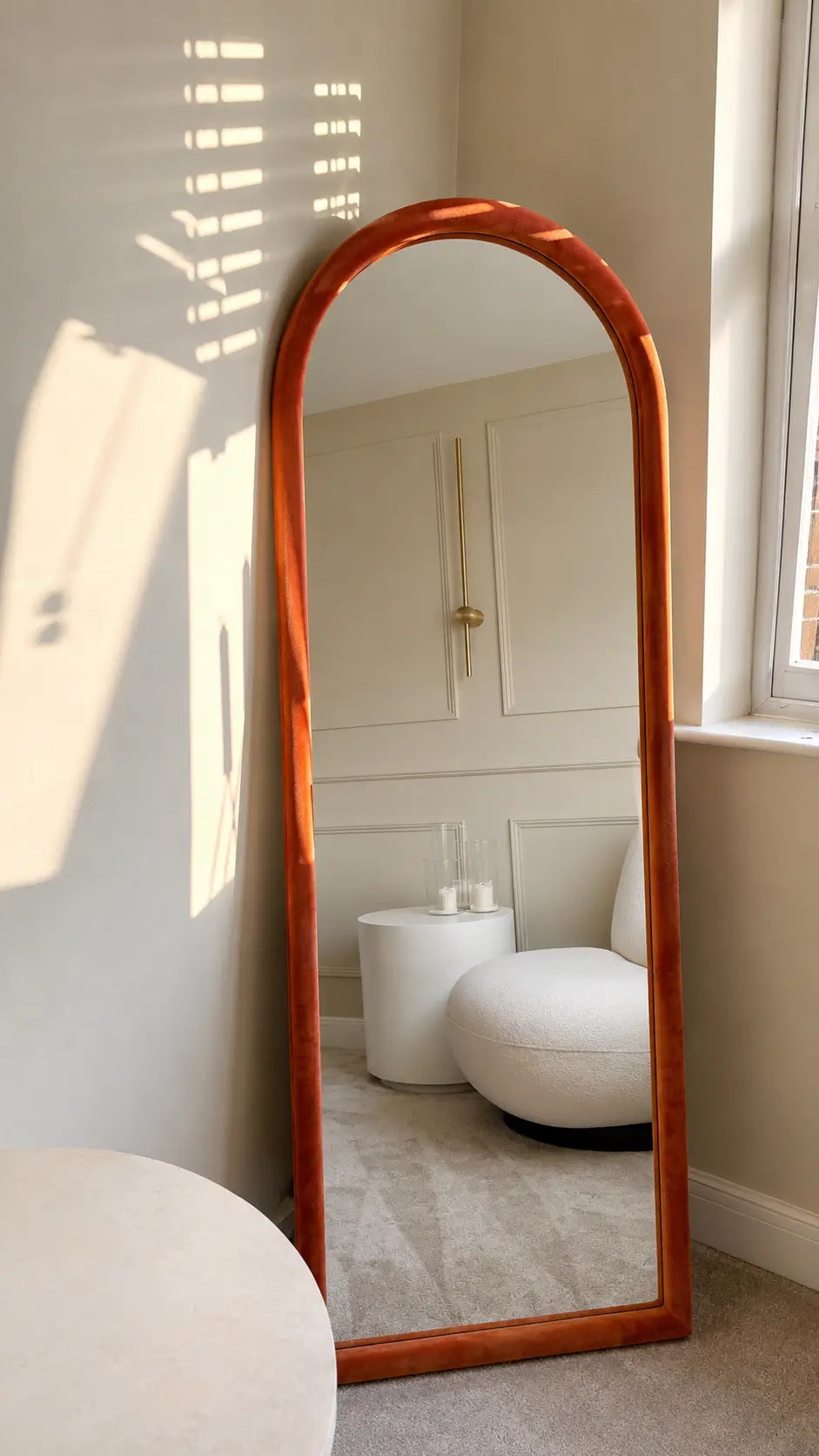 6 Ft Boucle Fabric Arched Full Length Mirror with Back Stand – 2 Ft Wide