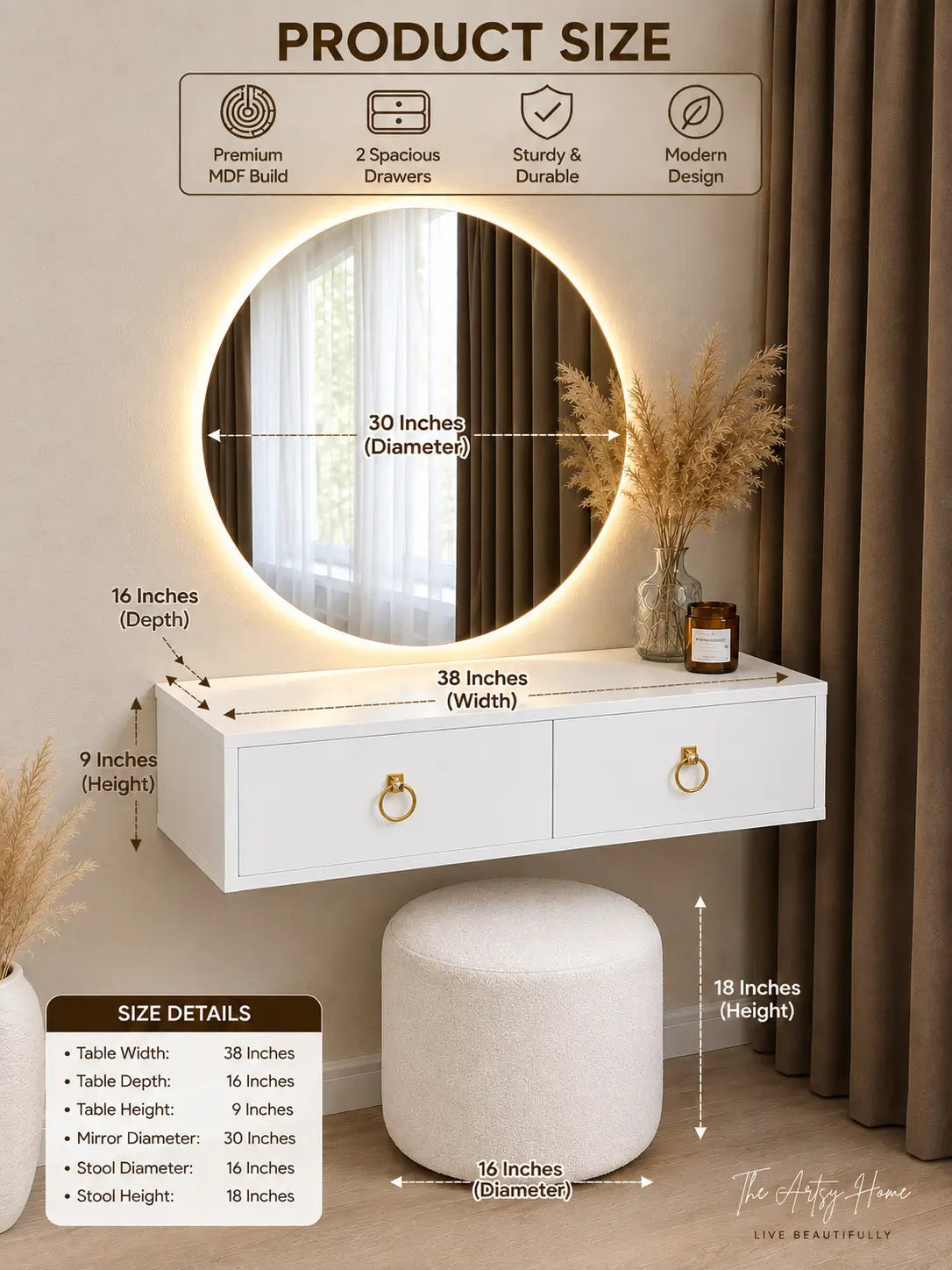Wall Mounted Floating Dressing Table with LED Round Mirror - product image 2