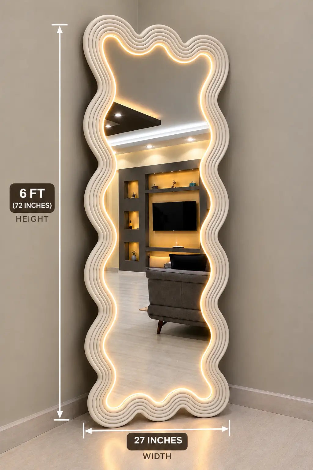 Ripple Wavy Mirror with Neon Light – 6 Ft Full Length
