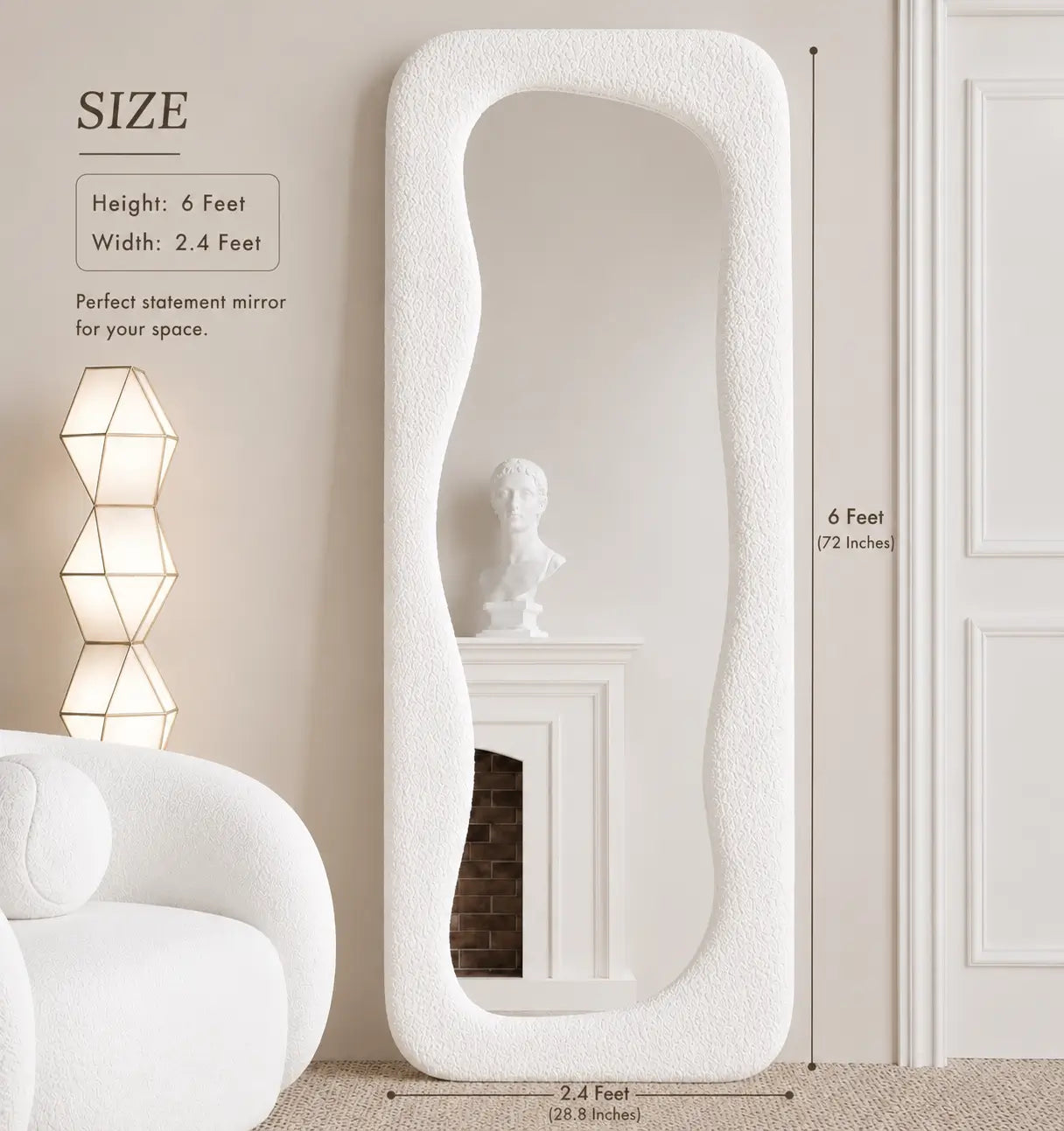 6×2.4 Feet Bouclé Standing Mirror – Full Length Floor Mirror with Solid Wood Structure & Crystal Clear Reflection | The Artsy Home