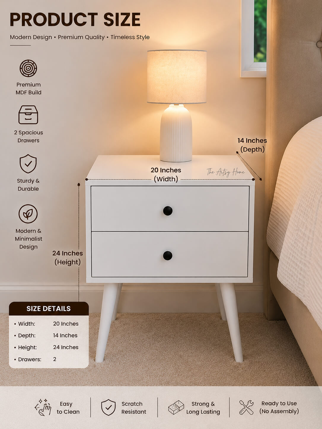 Modern White Bedside Table with 2 Drawers | Wooden Nightstand | The Artsy Home Pakistan