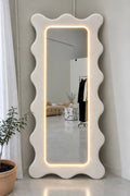 Wavy Boucle Fabric Full Length Mirror with Neon Light – 6 Ft Standing Floor Mirror with Back Stand