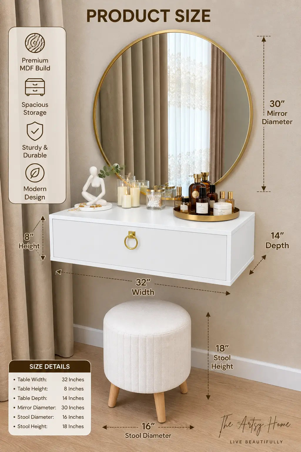 Wall Mounted Dressing Table with 30” Round Mirror – Modern Floating Vanity Table - product image 2