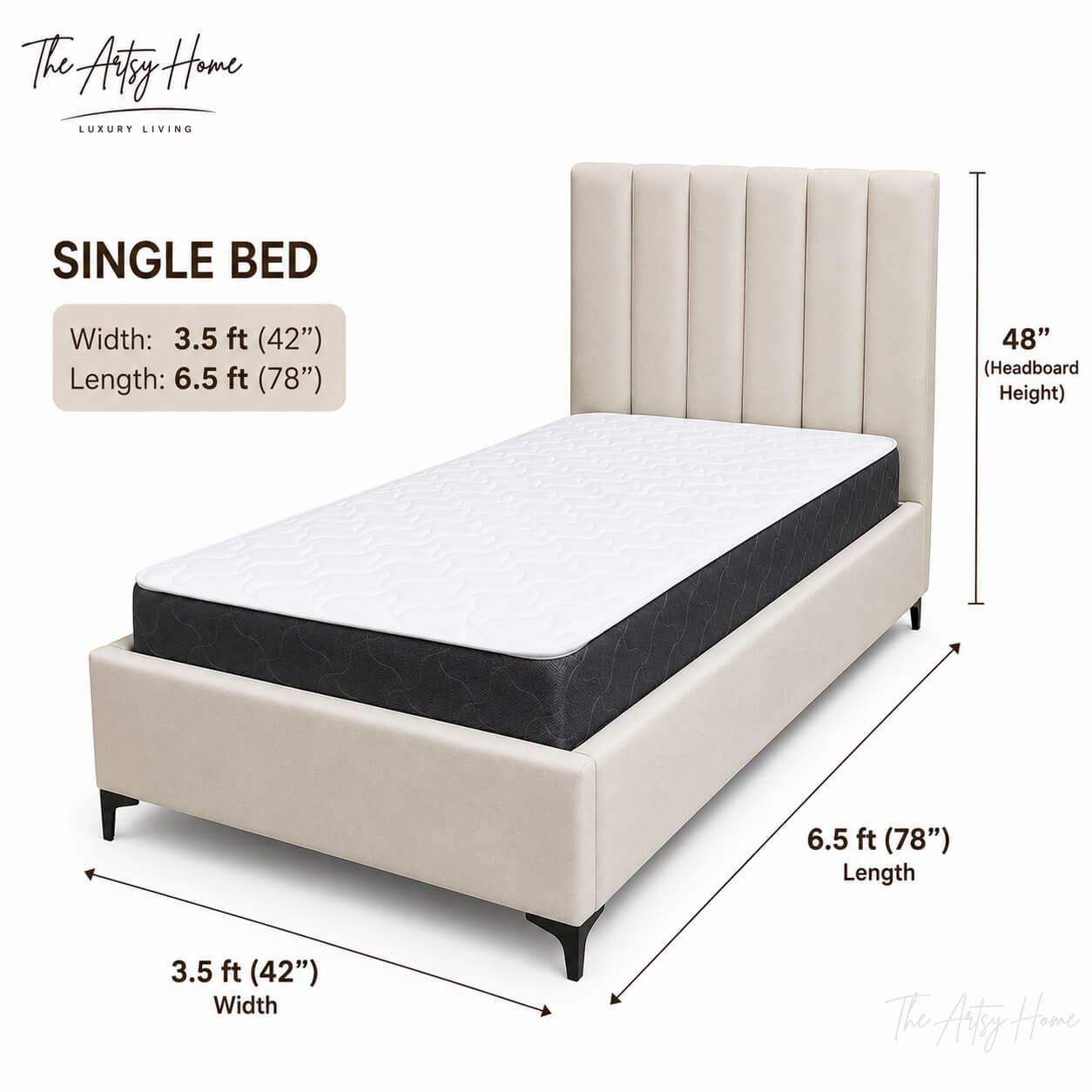 Single Bed | Modern Luxury Upholstered Bed 3.5×6.5 Feet | The Artsy Home