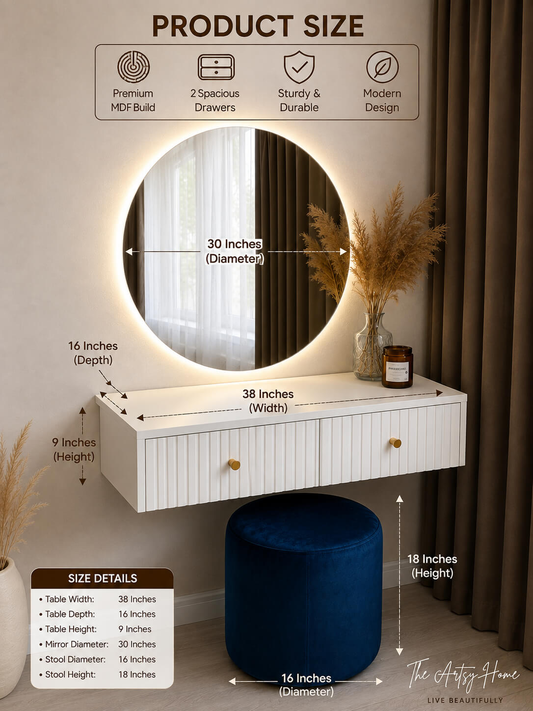 Wall Mounted Floating Dressing Table with LED Round Mirror | Modern Vanity Table Pakistan | The Artsy Home