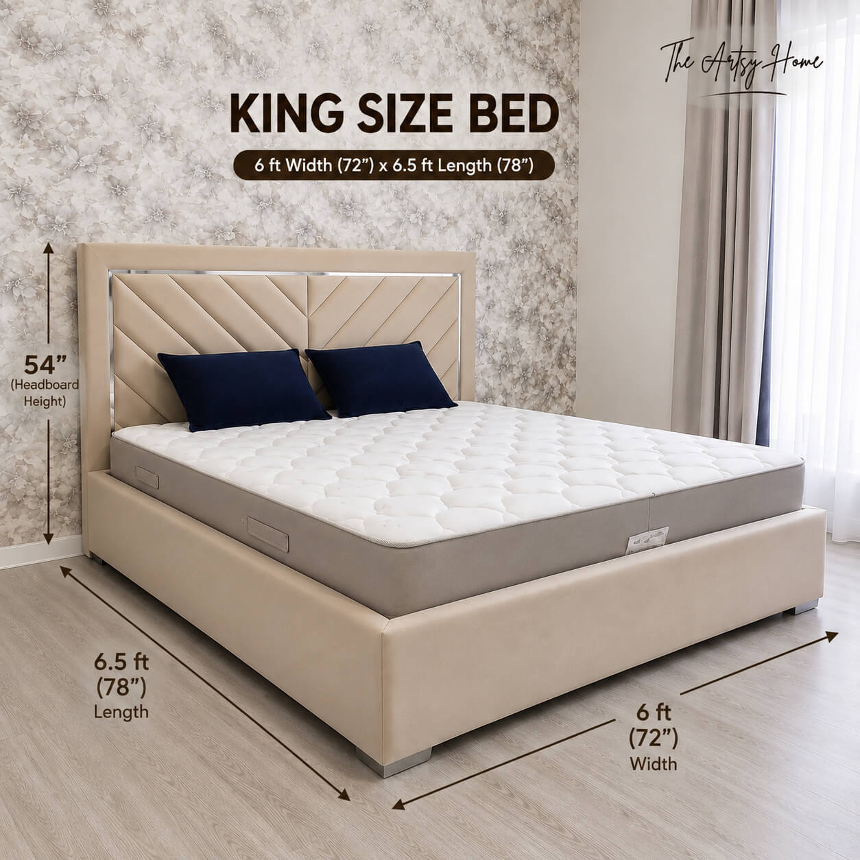 Luxury King Size Bed 6×6.5 Feet – Premium Imported Velvet Upholstered Bed | Solid Structure | 10-Year Warranty | The Artsy Home