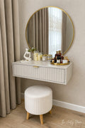 Wall-mounted floating vanity table with 30-inch round mirror
