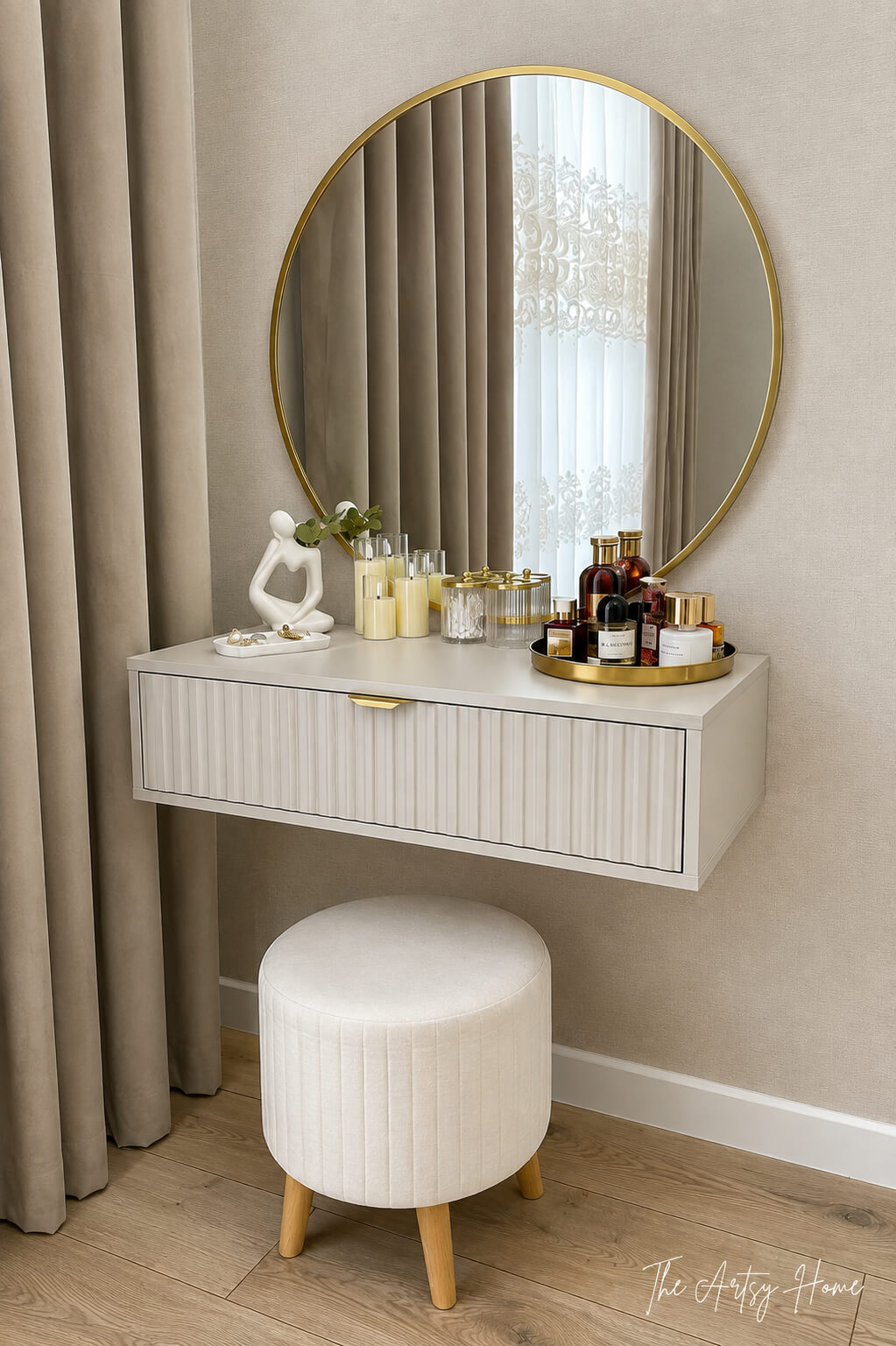 Wall-mounted floating vanity table with 30-inch round mirror