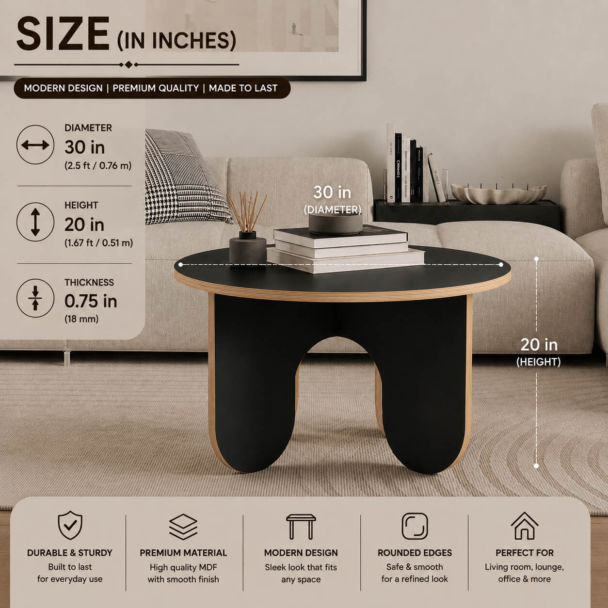 Modern Round Coffee Table – 30 Inch | 20 Inch Height
