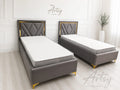 Single Bed – Smoke Grey Geometric Upholstered Bed with Gold Accents