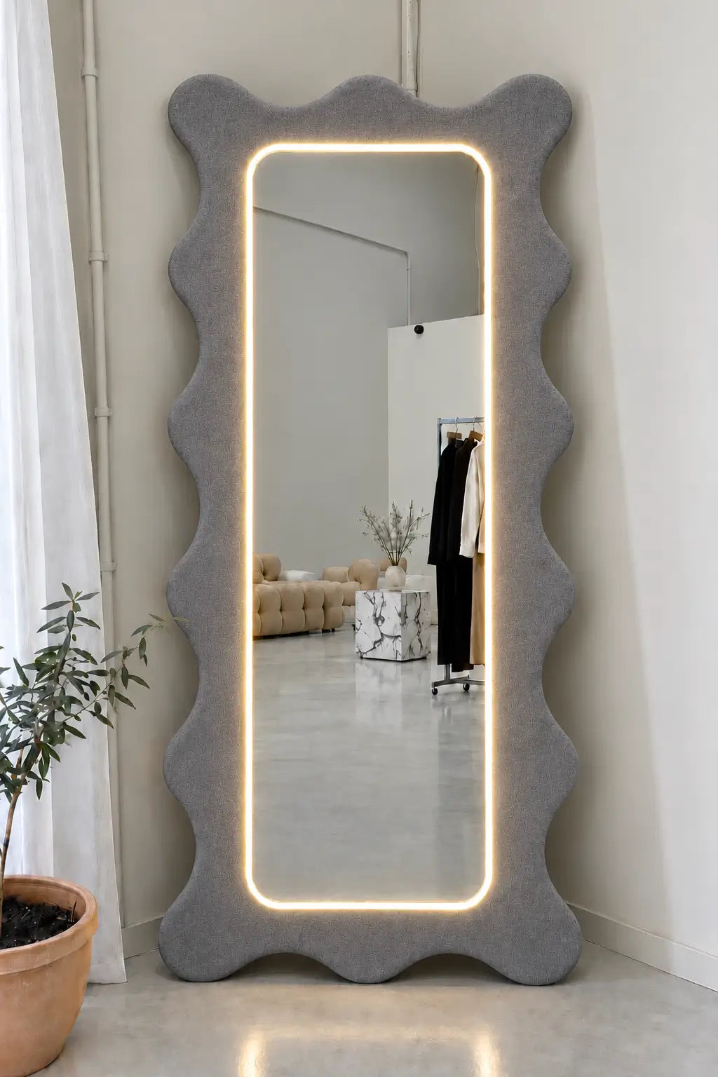 Wavy Boucle Fabric Full Length Mirror with Neon Light – 6 Ft Standing Floor Mirror with Back Stand
