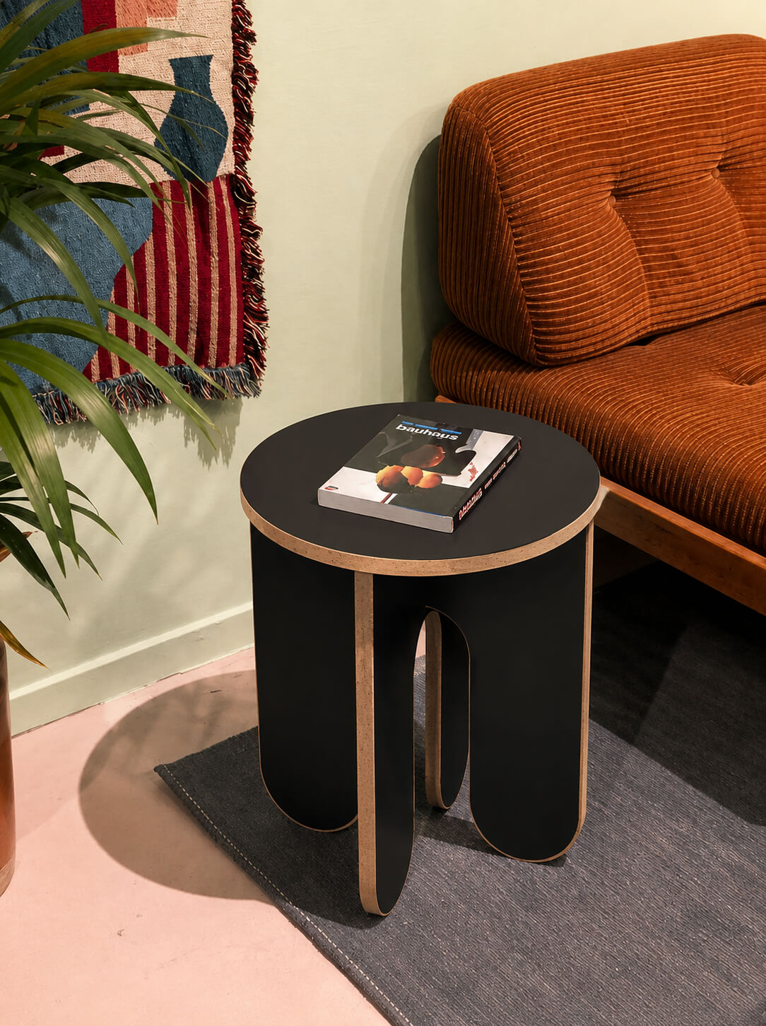 Modern Round Side Table | 14” × 20” | Black & Brown