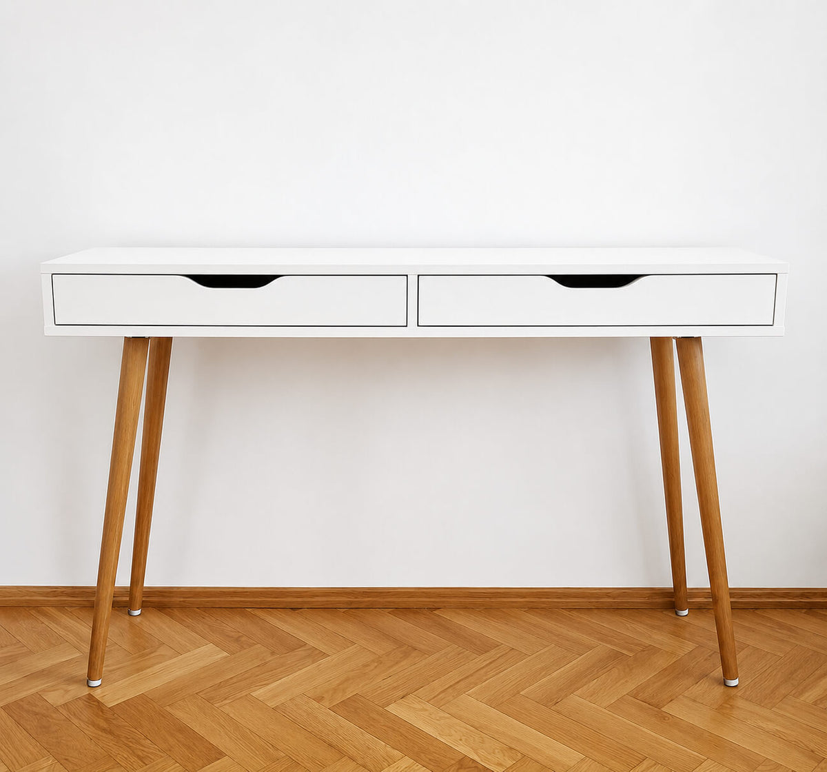 Modern white console table with 2 drawers, doubles as study desk