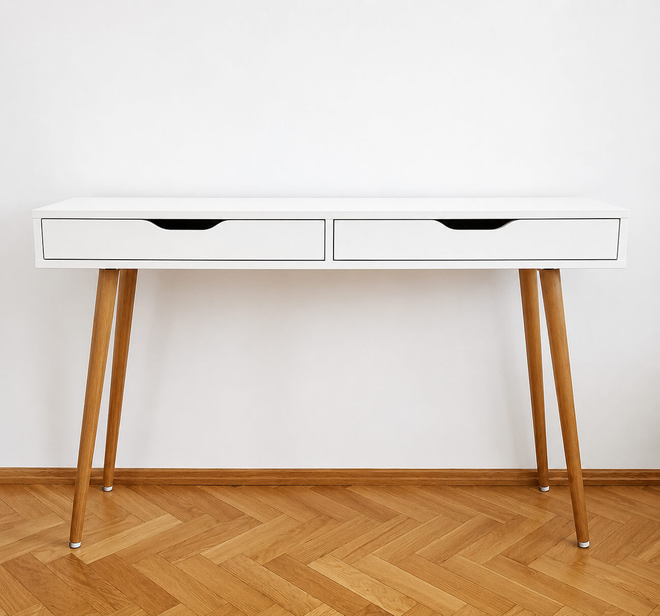 Modern white console table with 2 drawers, doubles as study desk