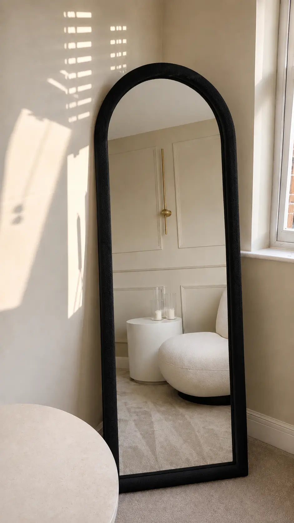 6 Ft Boucle Fabric Arched Full Length Mirror with Back Stand – 2 Ft Wide