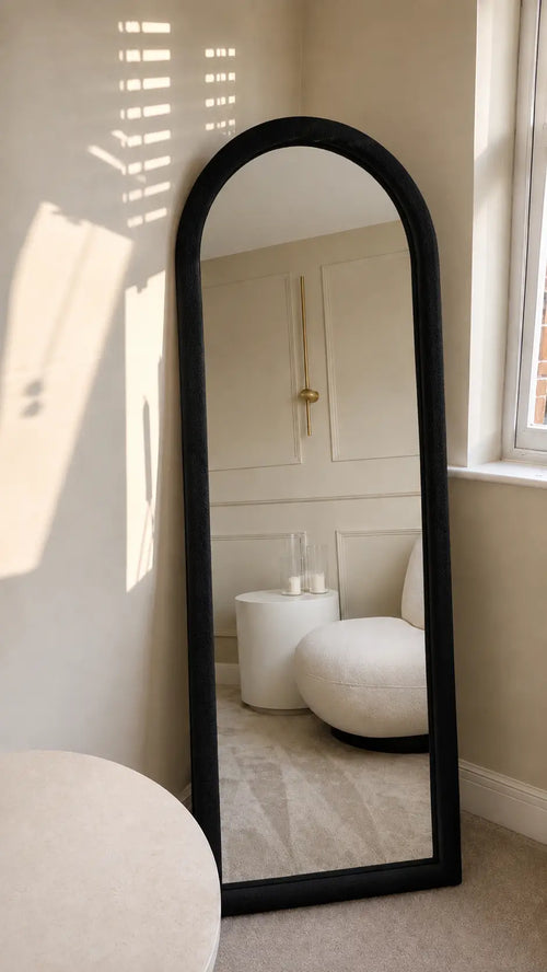 6 Ft Boucle Fabric Arched Full Length Mirror with Back Stand – 2 Ft Wide