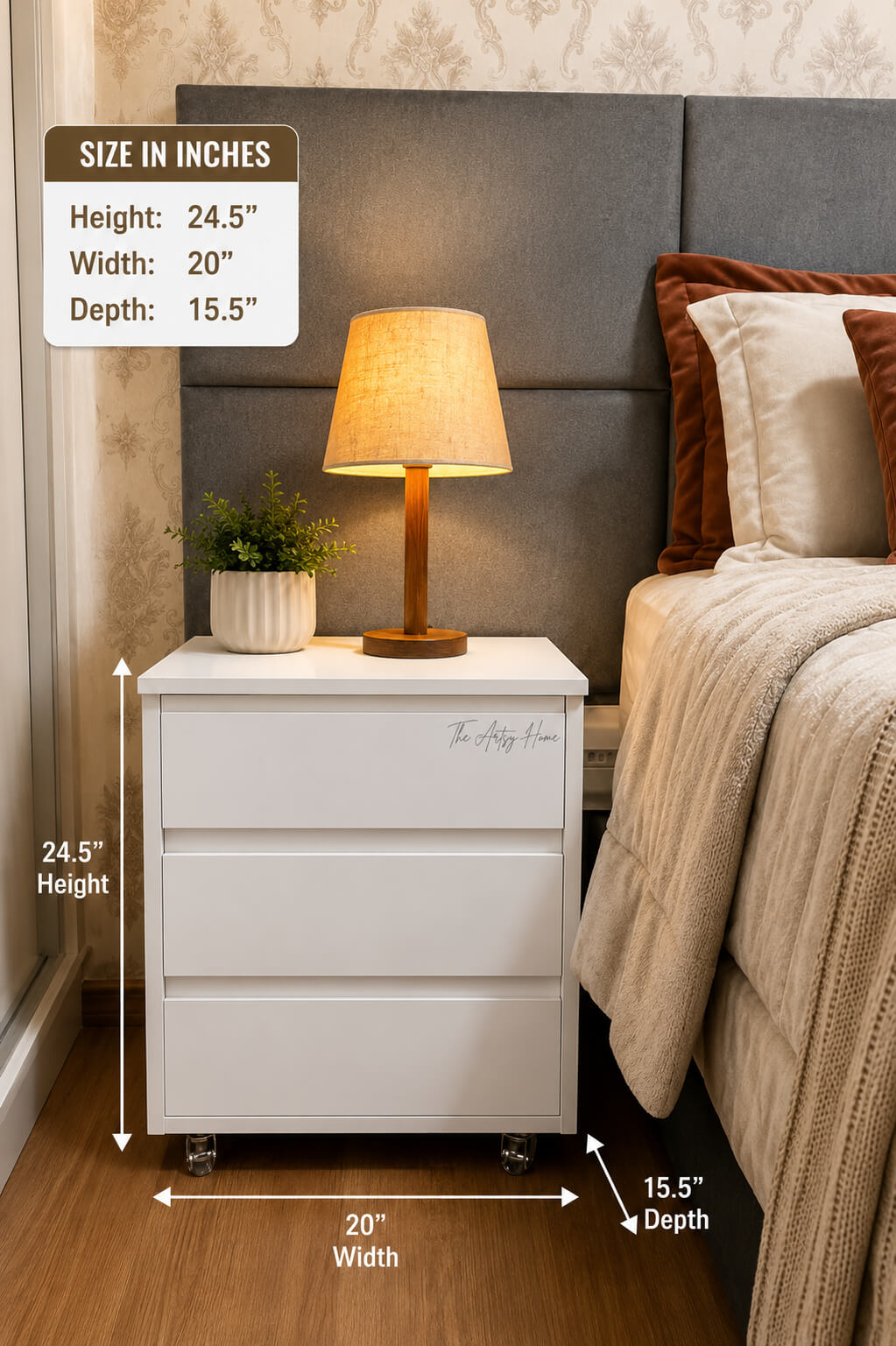 Modern 3 Drawer Bedside Table with Wheels | Wooden Nightstand Cabinet | Factory Price in Pakistan | The Artsy Home