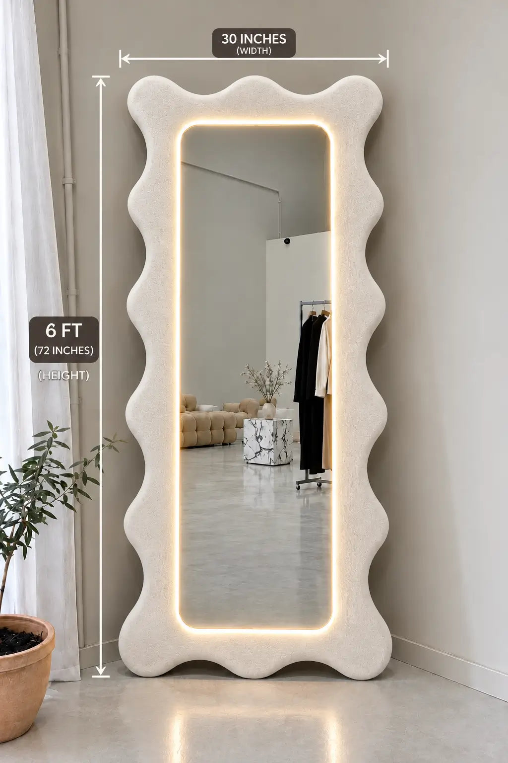 Wavy Boucle Fabric Full Length Mirror with Neon Light – 6 Ft Standing Floor Mirror with Back Stand
