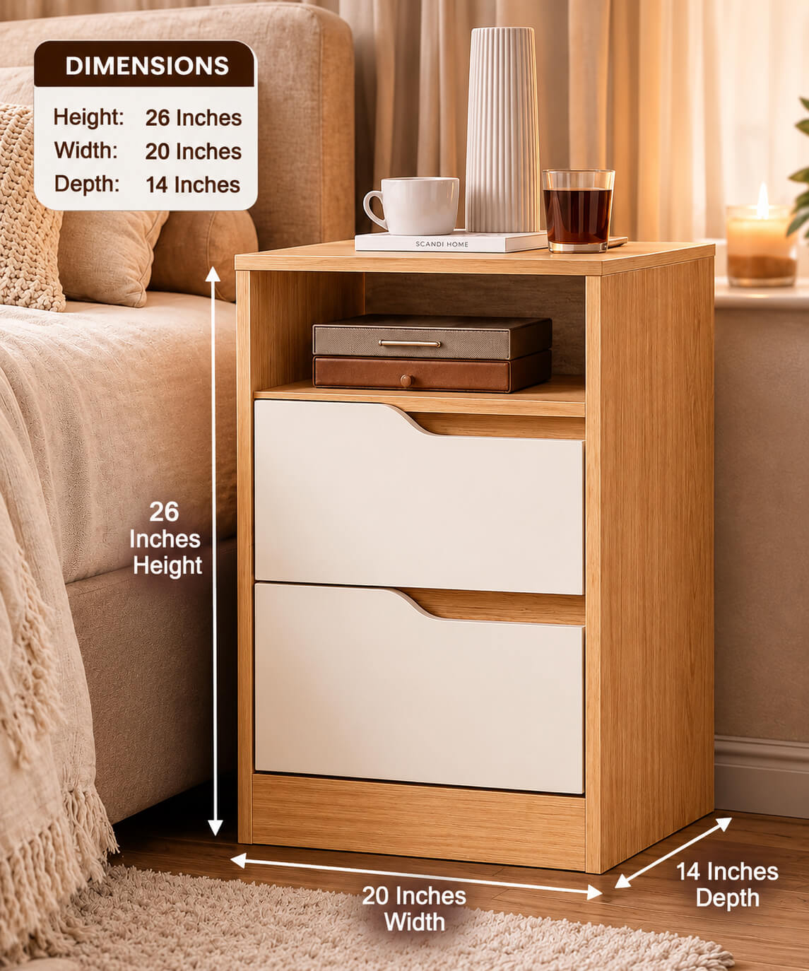 Modern Wooden Bedside Table with 2 Drawers & Open Shelf | Nightstand | Factory Price in Pakistan | The Artsy Home