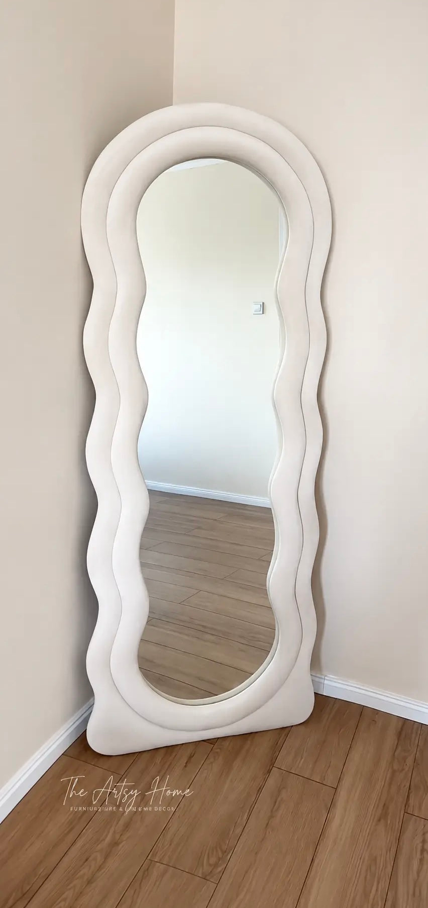 Wavy Full-Length Bouclé Fabric Mirror (6 × 2.4 ft) – Luxury Frame with Wooden Stand