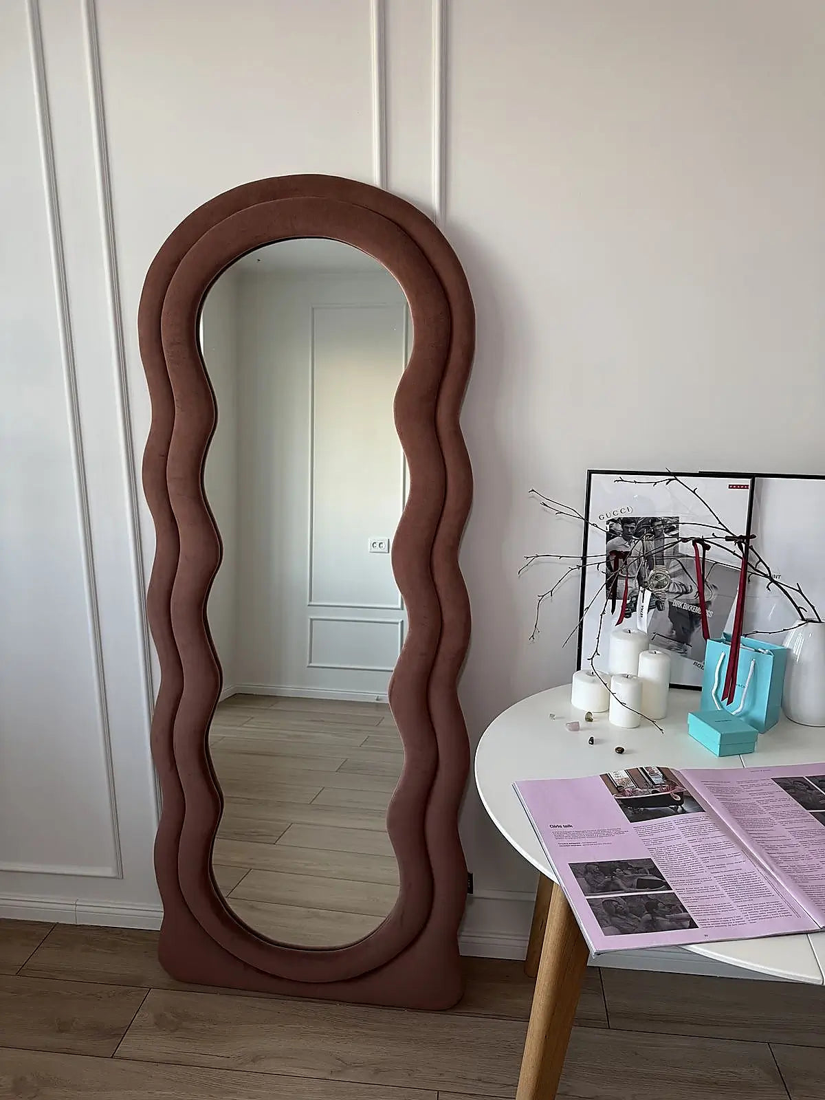 Wavy Full-Length Bouclé Fabric Mirror (6 × 2.4 ft) – Luxury Frame with Wooden Stand