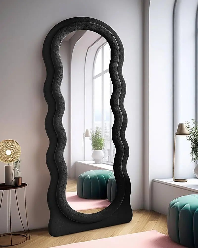 Wavy Full-Length Bouclé Fabric Mirror (6 × 2.4 ft) – Luxury Frame with Wooden Stand