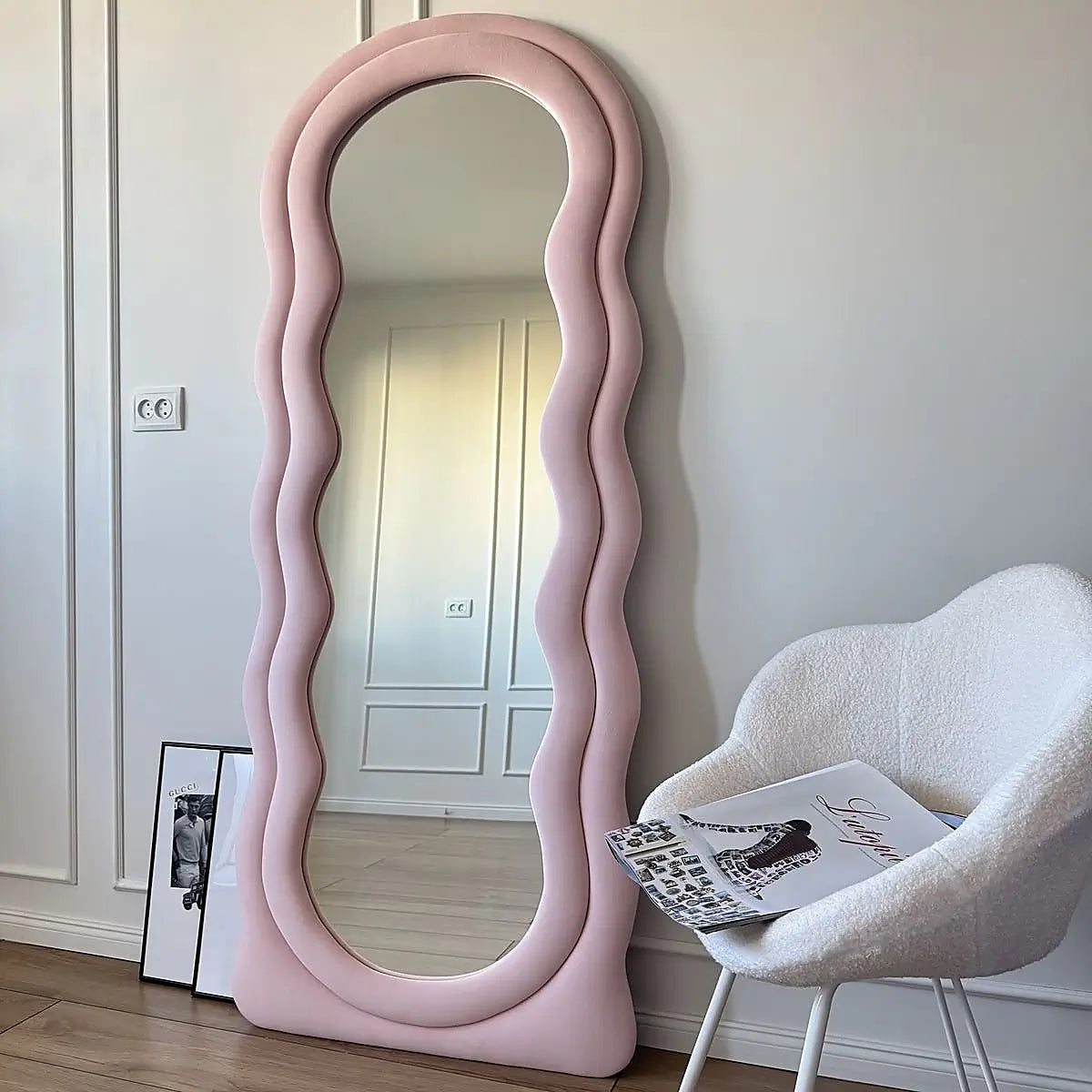 Wavy Full-Length Bouclé Fabric Mirror (6 × 2.4 ft) – Luxury Frame with Wooden Stand