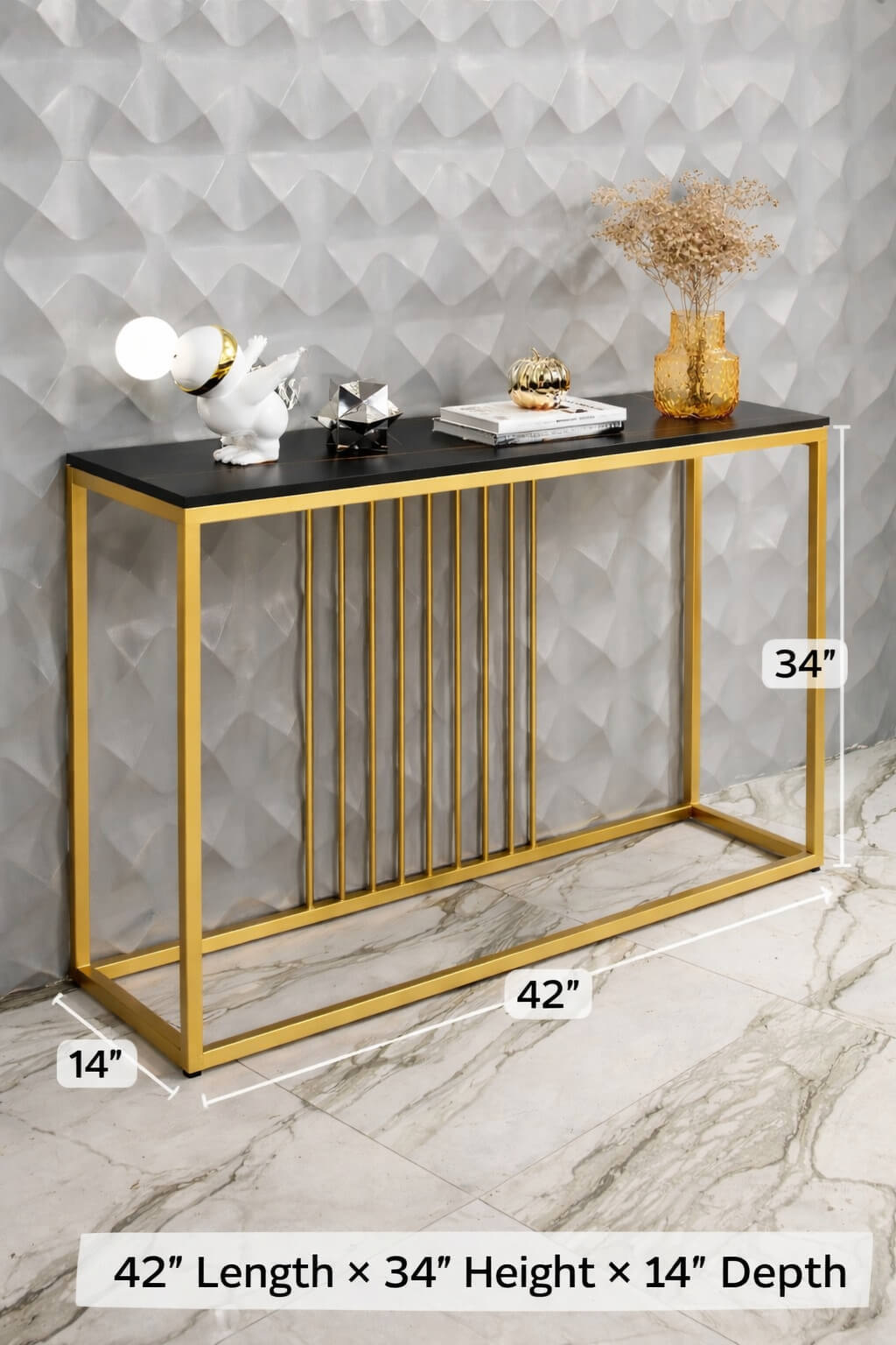 Luxury Gold Metal Console Table with Black Top – Modern Designer Entryway Console