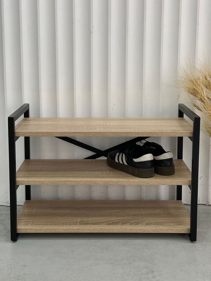 Modern 3-tier wooden shoe rack, 30 inch storage bench with metal frame